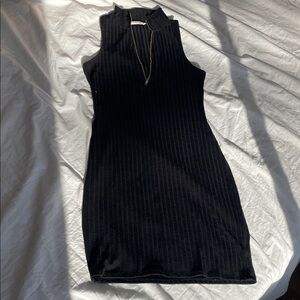 Black Sleeveless Ribbed Zip-Front Mini Dress